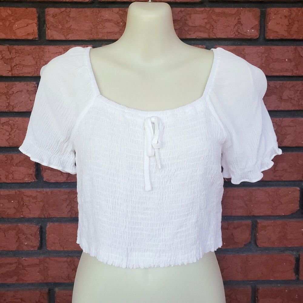 White Smocked Crop Top Womens S Square Neck Milkmaid Coquette Peasant Ren Faire
